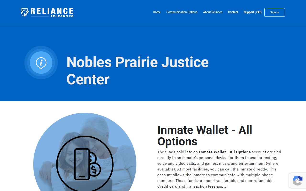 Nobles County Jail Reliance visitation and phone service page